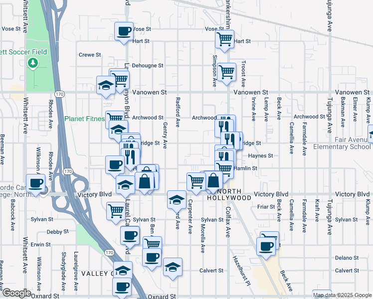 map of restaurants, bars, coffee shops, grocery stores, and more near 6532 Radford Avenue in Los Angeles