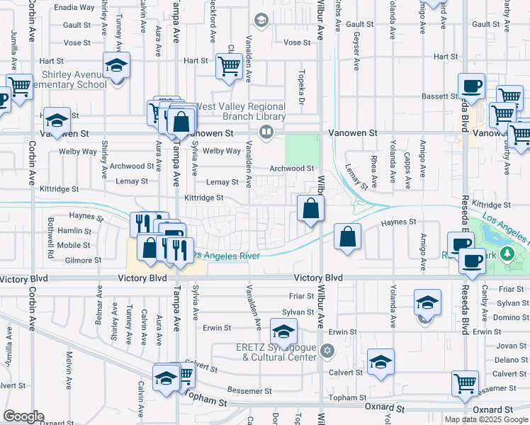 map of restaurants, bars, coffee shops, grocery stores, and more near 19036 Kittridge Street in Los Angeles