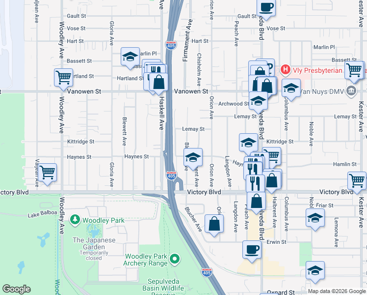 map of restaurants, bars, coffee shops, grocery stores, and more near 6539 Blucher Avenue in Los Angeles