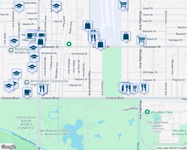 map of restaurants, bars, coffee shops, grocery stores, and more near 6540 Hayvenhurst Avenue in Los Angeles