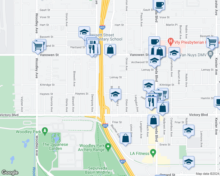 map of restaurants, bars, coffee shops, grocery stores, and more near 6539 Blucher Avenue in Los Angeles