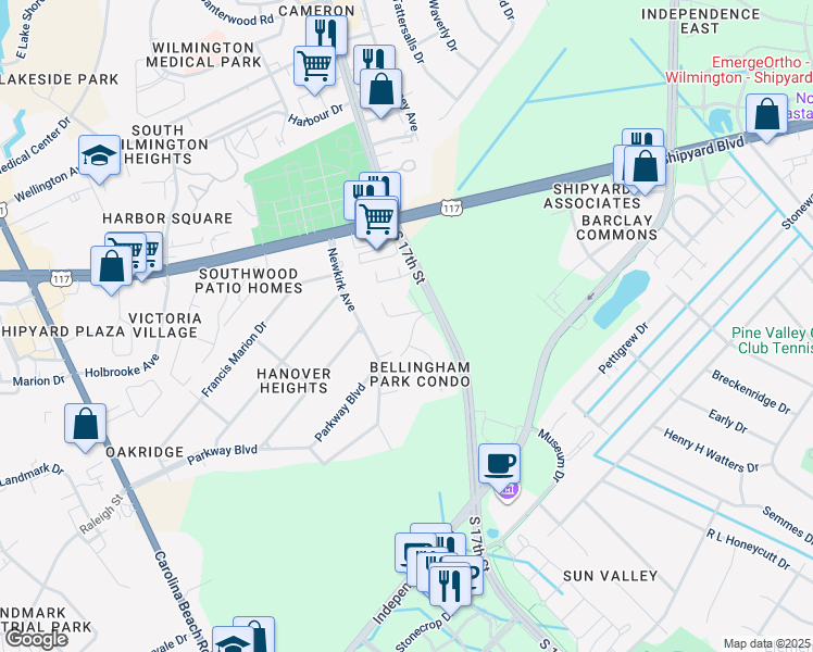 map of restaurants, bars, coffee shops, grocery stores, and more near 1521 Cadfel Court in Wilmington