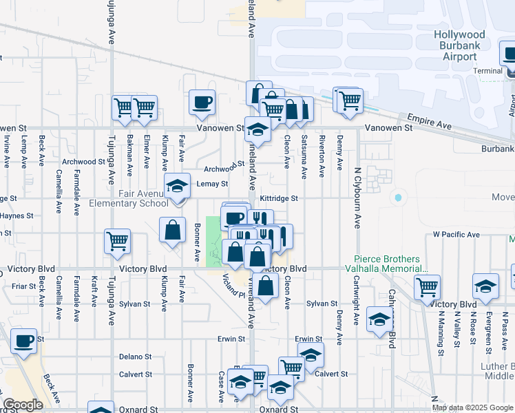 map of restaurants, bars, coffee shops, grocery stores, and more near 6546 Vineland Avenue in Los Angeles