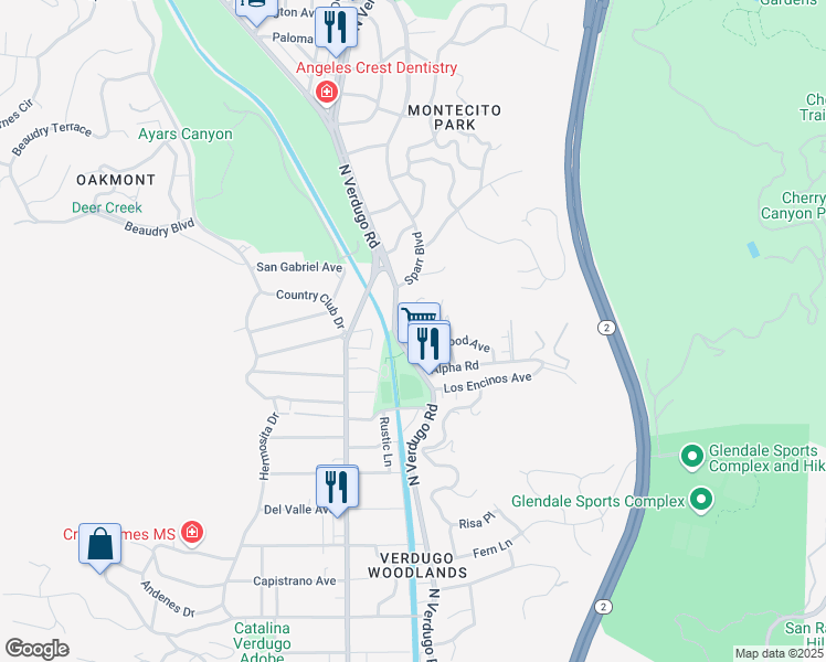 map of restaurants, bars, coffee shops, grocery stores, and more near 2940 North Verdugo Road in Glendale