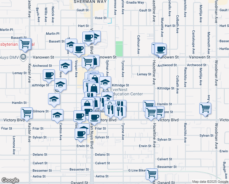 map of restaurants, bars, coffee shops, grocery stores, and more near 14333 Haynes Street in Los Angeles