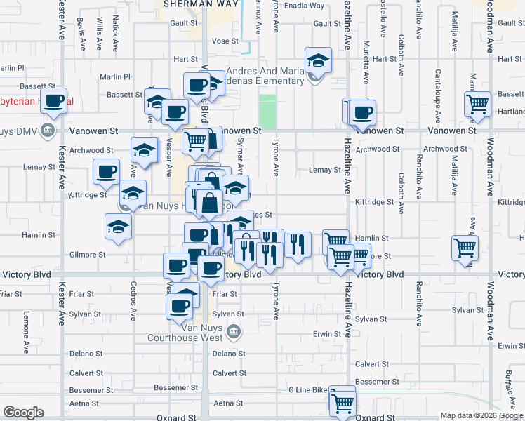 map of restaurants, bars, coffee shops, grocery stores, and more near 14302 Haynes Street in Los Angeles
