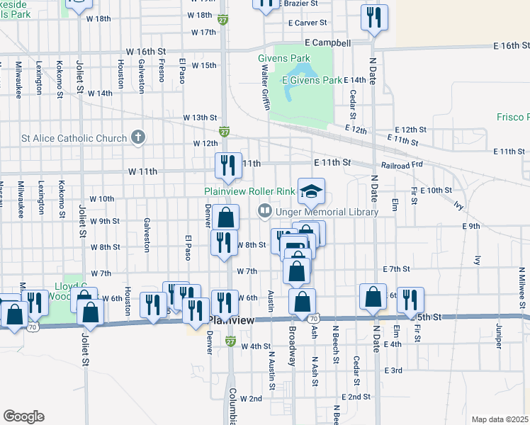 map of restaurants, bars, coffee shops, grocery stores, and more near 200-212 West 9th Street in Plainview