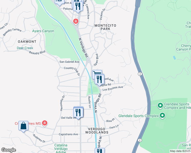 map of restaurants, bars, coffee shops, grocery stores, and more near 2940 North Verdugo Road in Glendale
