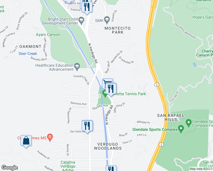 map of restaurants, bars, coffee shops, grocery stores, and more near 2908 North Verdugo Road in Glendale
