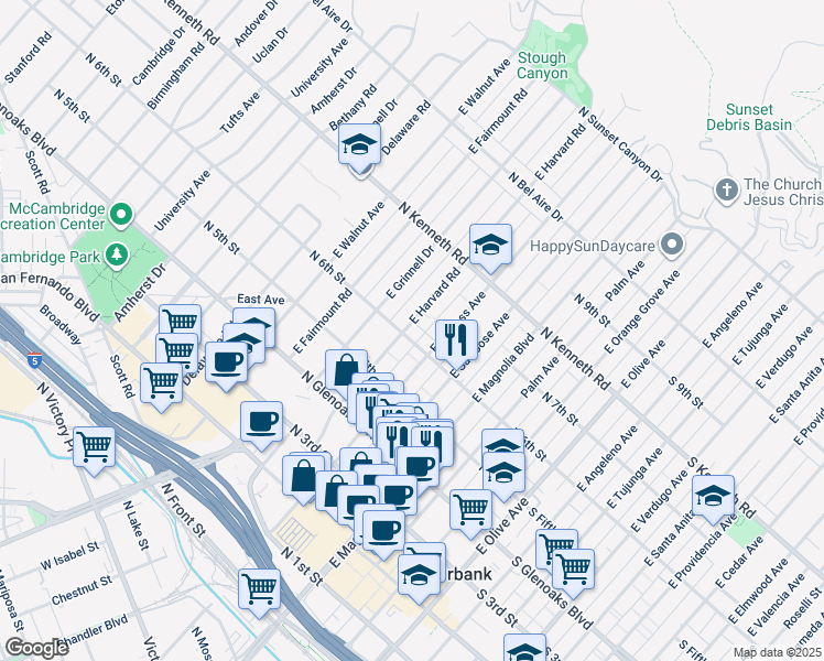 map of restaurants, bars, coffee shops, grocery stores, and more near 621 North 6th Street in Burbank