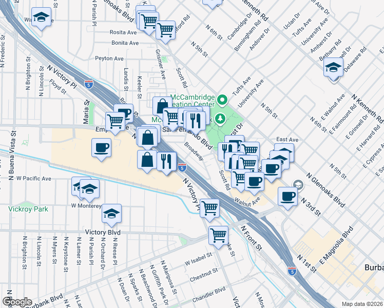 map of restaurants, bars, coffee shops, grocery stores, and more near 1401 Broadway in Burbank