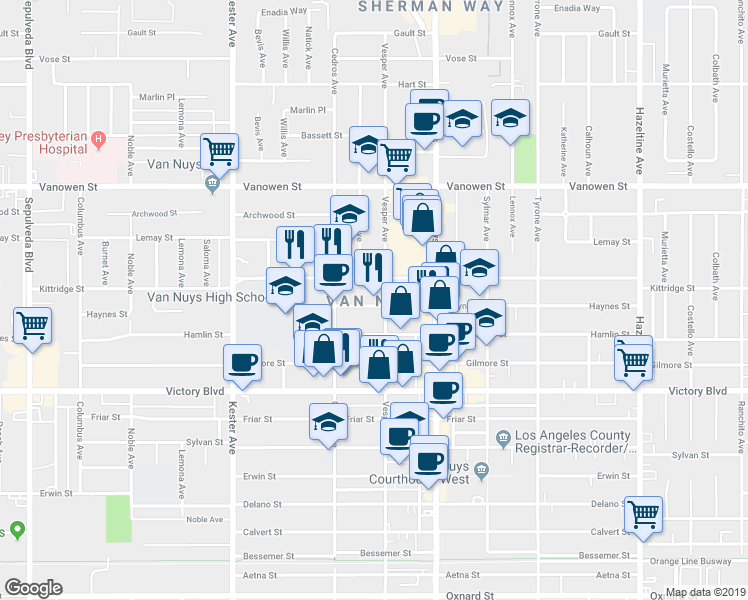 map of restaurants, bars, coffee shops, grocery stores, and more near in Los Angeles