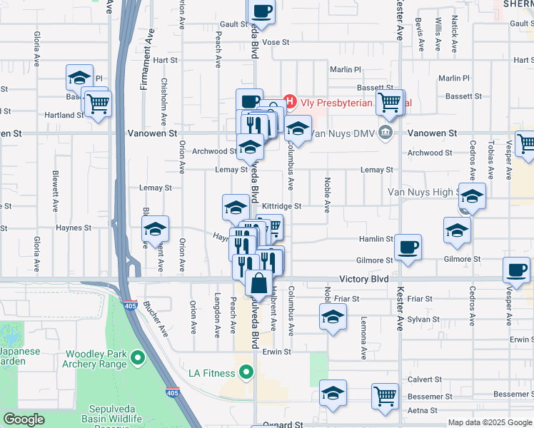 map of restaurants, bars, coffee shops, grocery stores, and more near 6530 Sepulveda Boulevard in Los Angeles