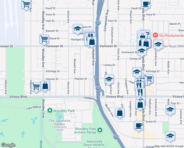 map of restaurants, bars, coffee shops, grocery stores, and more near 6509 Haskell Avenue in Los Angeles