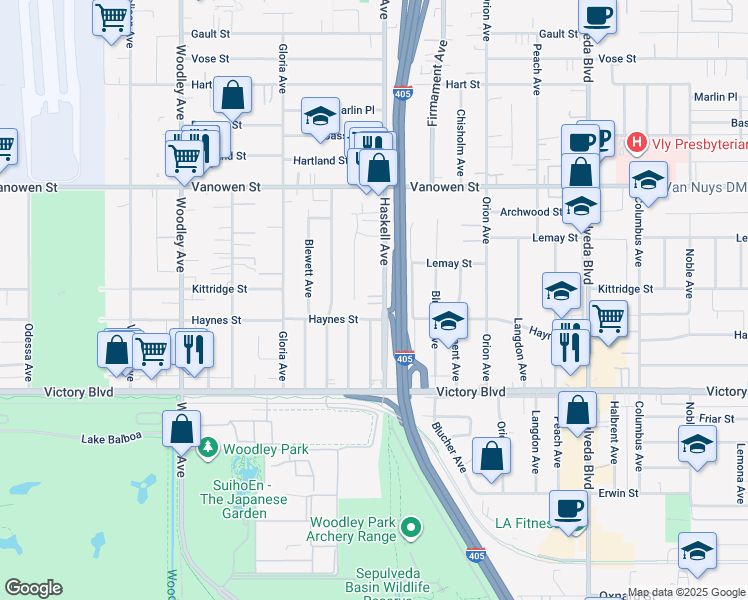 map of restaurants, bars, coffee shops, grocery stores, and more near 15727 Haynes Street in Los Angeles