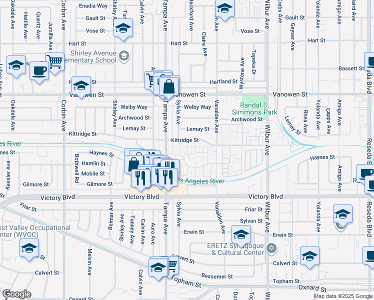 map of restaurants, bars, coffee shops, grocery stores, and more near 19142 Haynes Street in Los Angeles