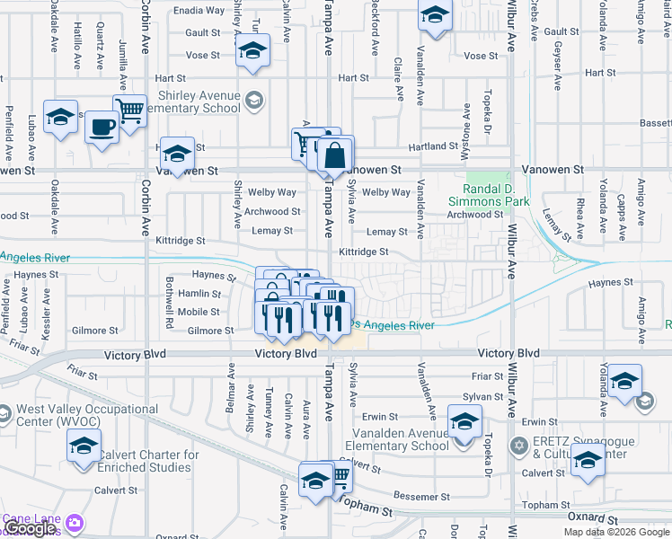 map of restaurants, bars, coffee shops, grocery stores, and more near 2 Hamlin Street in Los Angeles