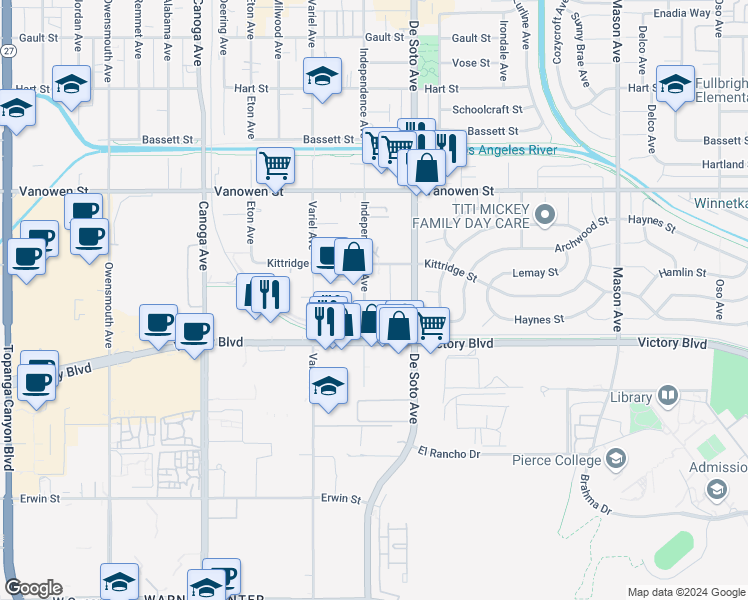 map of restaurants, bars, coffee shops, grocery stores, and more near 6530 Independence Avenue in Los Angeles