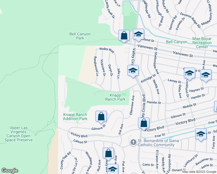map of restaurants, bars, coffee shops, grocery stores, and more near 24545 Kittridge Street in Los Angeles County