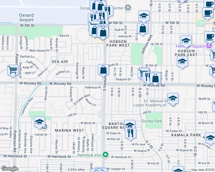map of restaurants, bars, coffee shops, grocery stores, and more near 1126 South Ventura Road in Oxnard