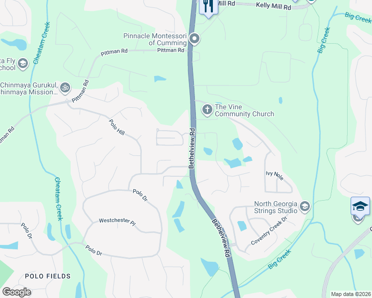 map of restaurants, bars, coffee shops, grocery stores, and more near 5090 Cecilia Square in Cumming