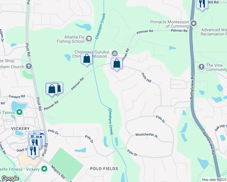 map of restaurants, bars, coffee shops, grocery stores, and more near 7455 Richmond Way in Cumming