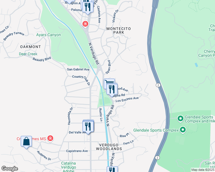map of restaurants, bars, coffee shops, grocery stores, and more near 2940 North Verdugo Road in Glendale