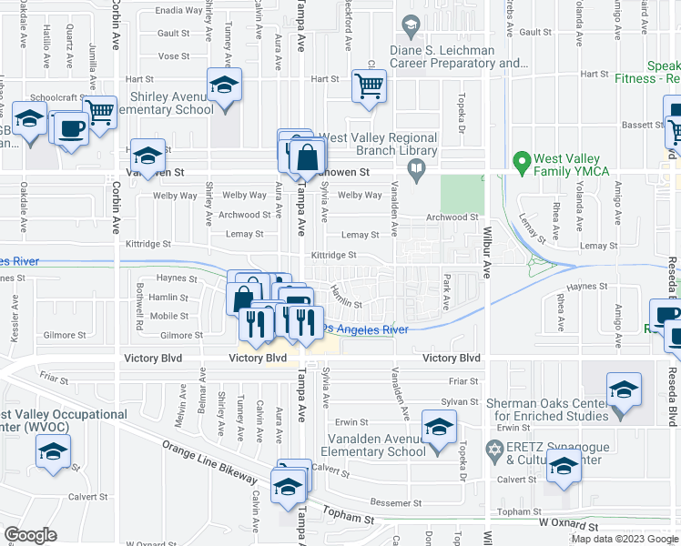 map of restaurants, bars, coffee shops, grocery stores, and more near 6550 Tampa Avenue in Los Angeles
