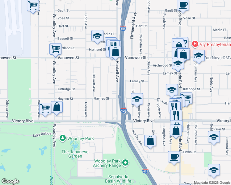 map of restaurants, bars, coffee shops, grocery stores, and more near 6535 Haskell Avenue in Los Angeles