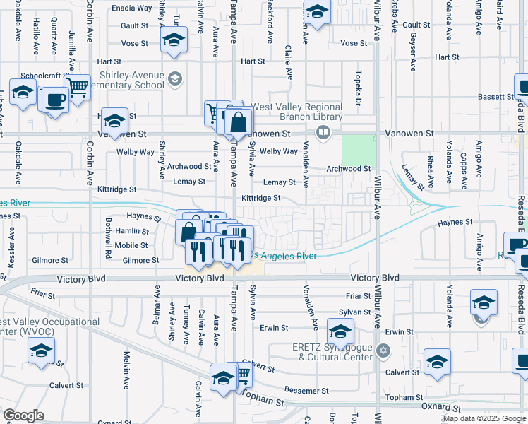 map of restaurants, bars, coffee shops, grocery stores, and more near 19155 Haynes Street in Los Angeles