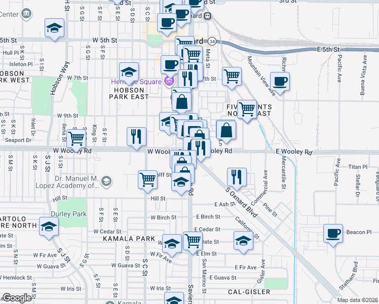 map of restaurants, bars, coffee shops, grocery stores, and more near 2 West Wooley Road in Oxnard