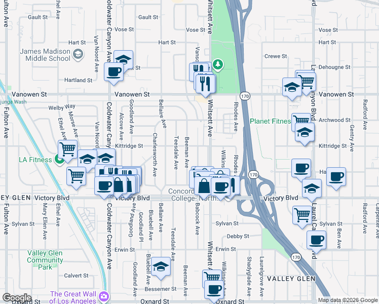 map of restaurants, bars, coffee shops, grocery stores, and more near 6548 Beeman Avenue in Los Angeles