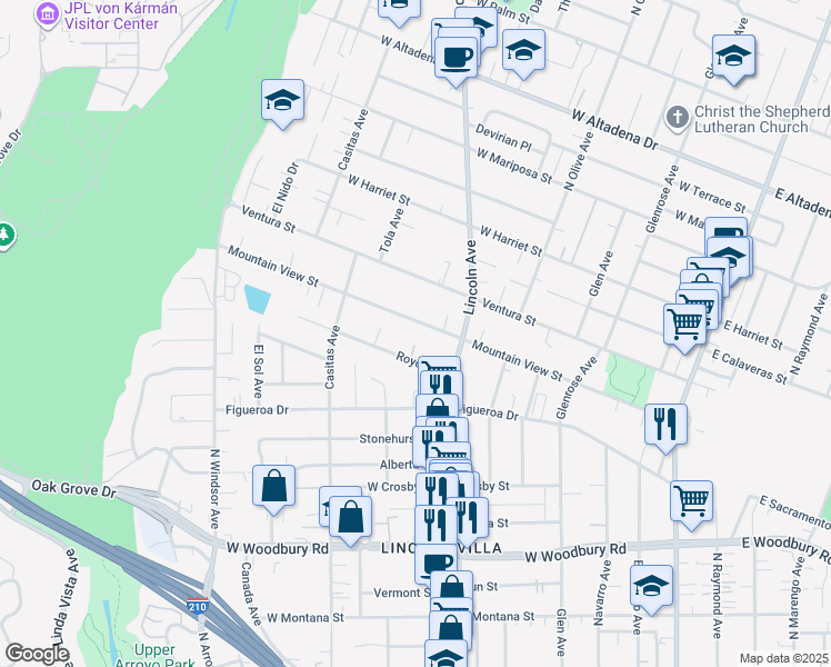 map of restaurants, bars, coffee shops, grocery stores, and more near 502 Mountain View Street in Altadena