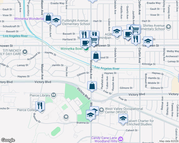 map of restaurants, bars, coffee shops, grocery stores, and more near 6553 Winnetka Avenue in Los Angeles