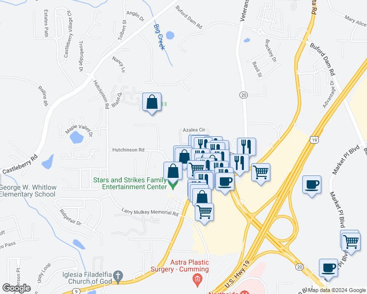 map of restaurants, bars, coffee shops, grocery stores, and more near 332 Azalea Circle in Cumming