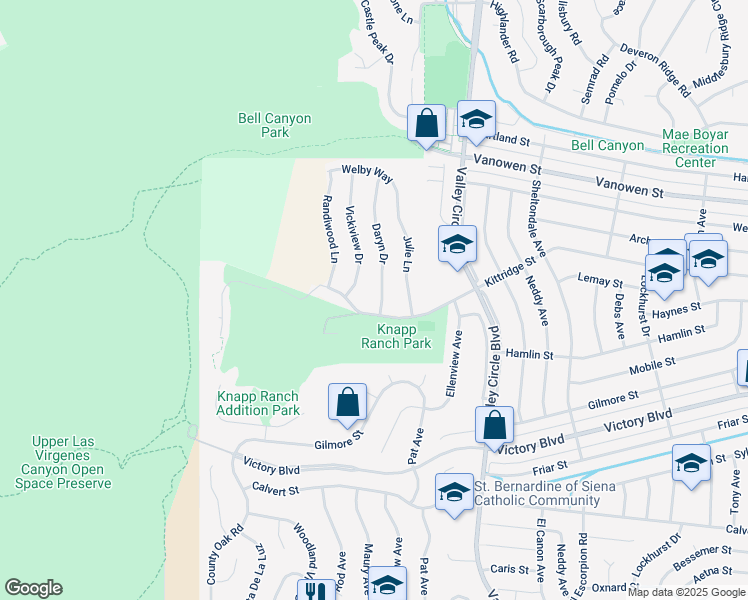 map of restaurants, bars, coffee shops, grocery stores, and more near 6619 Daryn Drive in Los Angeles County