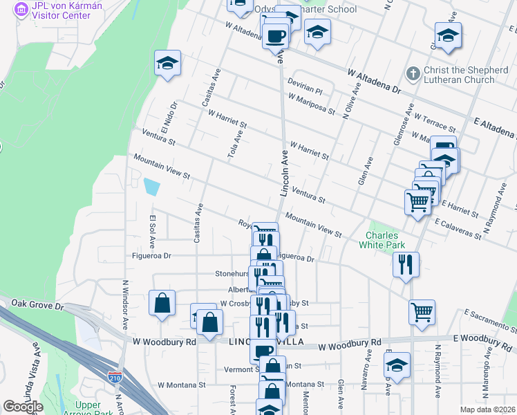 map of restaurants, bars, coffee shops, grocery stores, and more near 482 Mountain View Street in Altadena