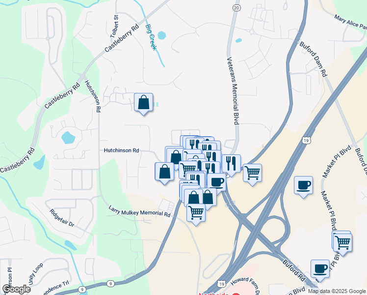 map of restaurants, bars, coffee shops, grocery stores, and more near 350 Azalea Circle in Cumming