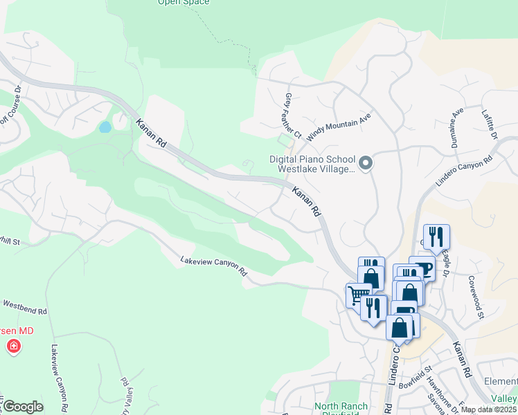map of restaurants, bars, coffee shops, grocery stores, and more near 1403 Windy Mountain Avenue in Westlake Village