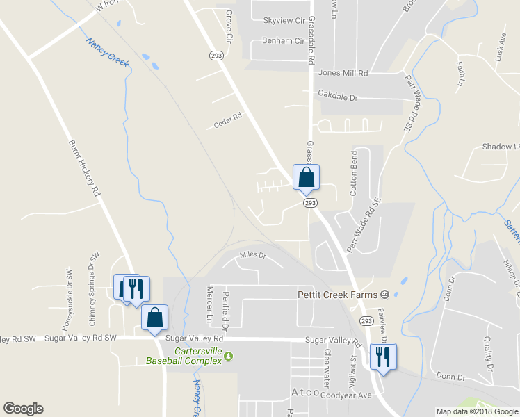 map of restaurants, bars, coffee shops, grocery stores, and more near 31 Middleton Court in Cartersville