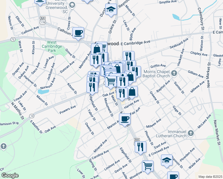 map of restaurants, bars, coffee shops, grocery stores, and more near 109 Oak Avenue in Greenwood