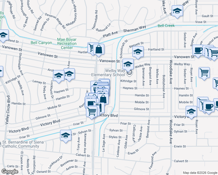 map of restaurants, bars, coffee shops, grocery stores, and more near 6601 Gross Avenue in Los Angeles