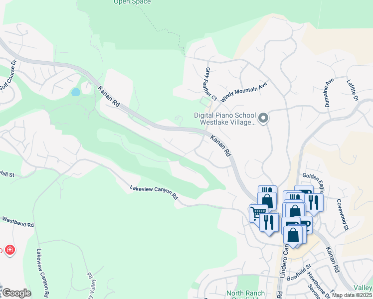 map of restaurants, bars, coffee shops, grocery stores, and more near 1403 Windy Mountain Avenue in Westlake Village