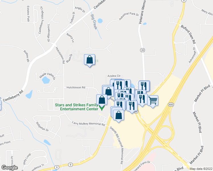 map of restaurants, bars, coffee shops, grocery stores, and more near 326 Azalea Circle in Cumming