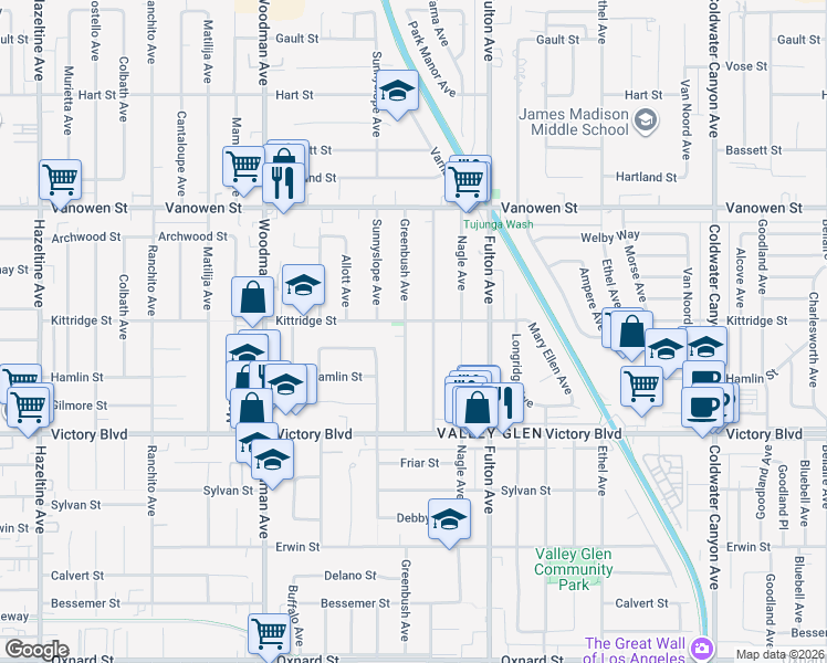 map of restaurants, bars, coffee shops, grocery stores, and more near 6535 Varna Avenue in Los Angeles