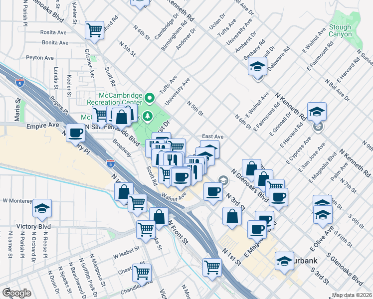 map of restaurants, bars, coffee shops, grocery stores, and more near 310 Cornell Drive in Burbank