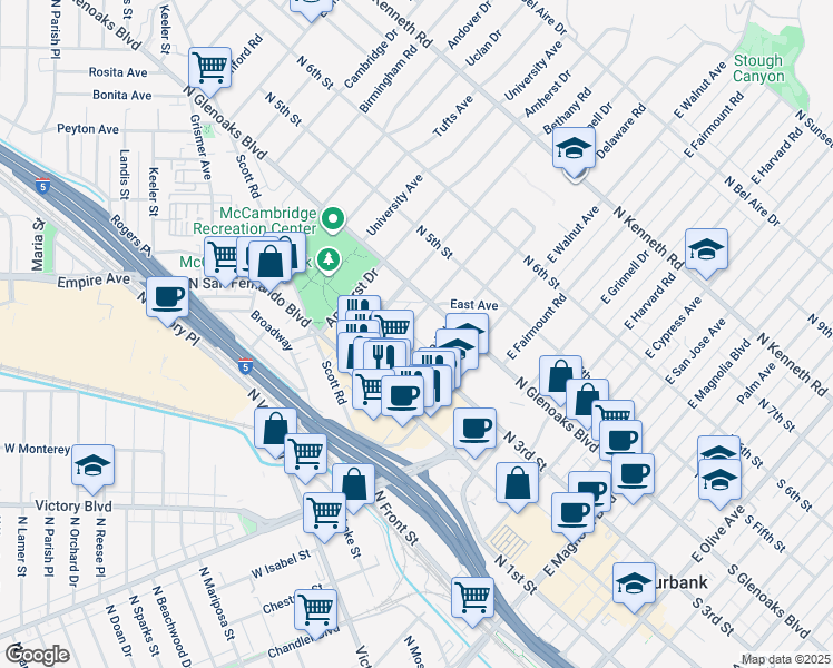 map of restaurants, bars, coffee shops, grocery stores, and more near 309 Delaware Road in Burbank