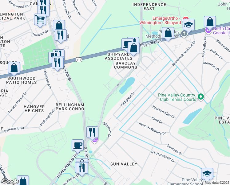 map of restaurants, bars, coffee shops, grocery stores, and more near 2597 Cross City Trail in Wilmington