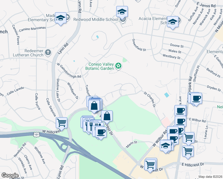 map of restaurants, bars, coffee shops, grocery stores, and more near 348 Chestnut Hill Court in Thousand Oaks
