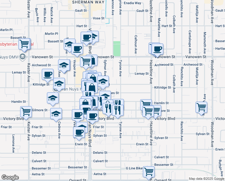 map of restaurants, bars, coffee shops, grocery stores, and more near 14333 Haynes Street in Los Angeles